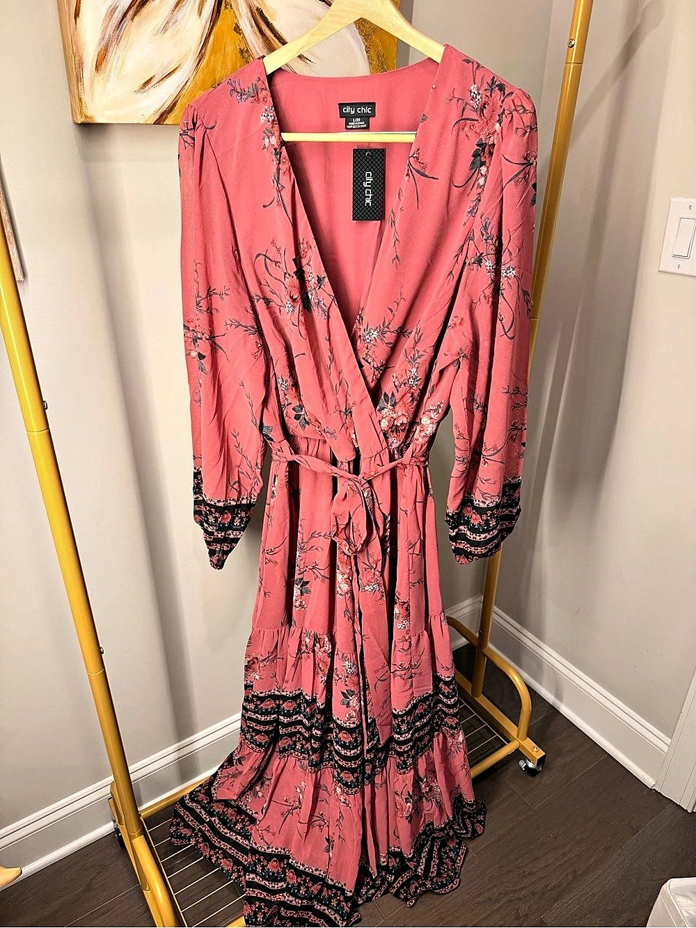 City Chic Flirty Tier Print Maxi Dress Pink & Black Large